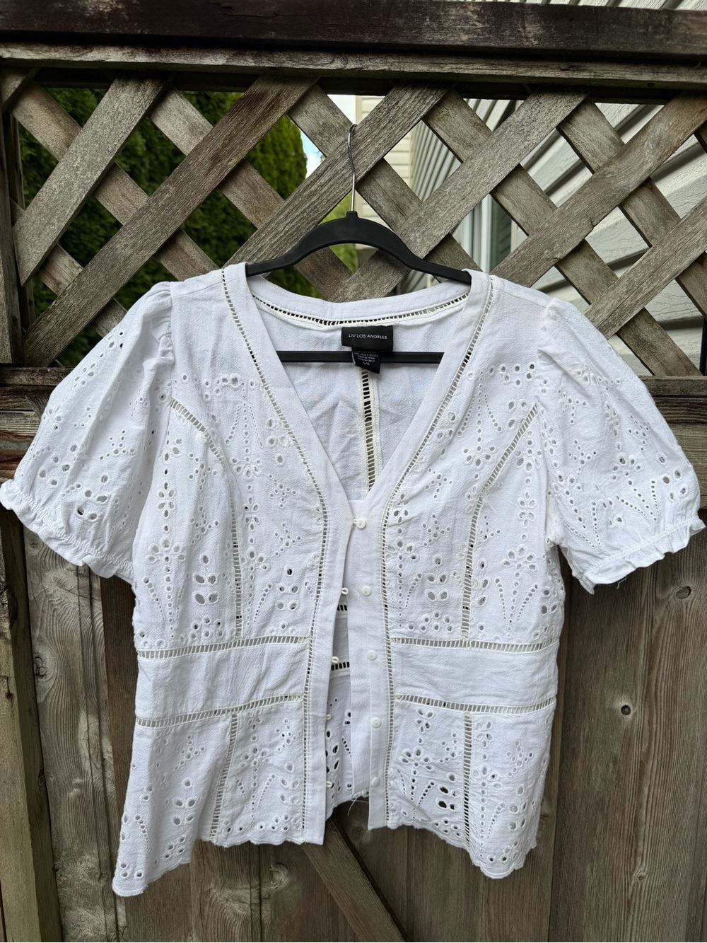 Eliza J White Eyelet Button-Front Puff Sleeve Blouse